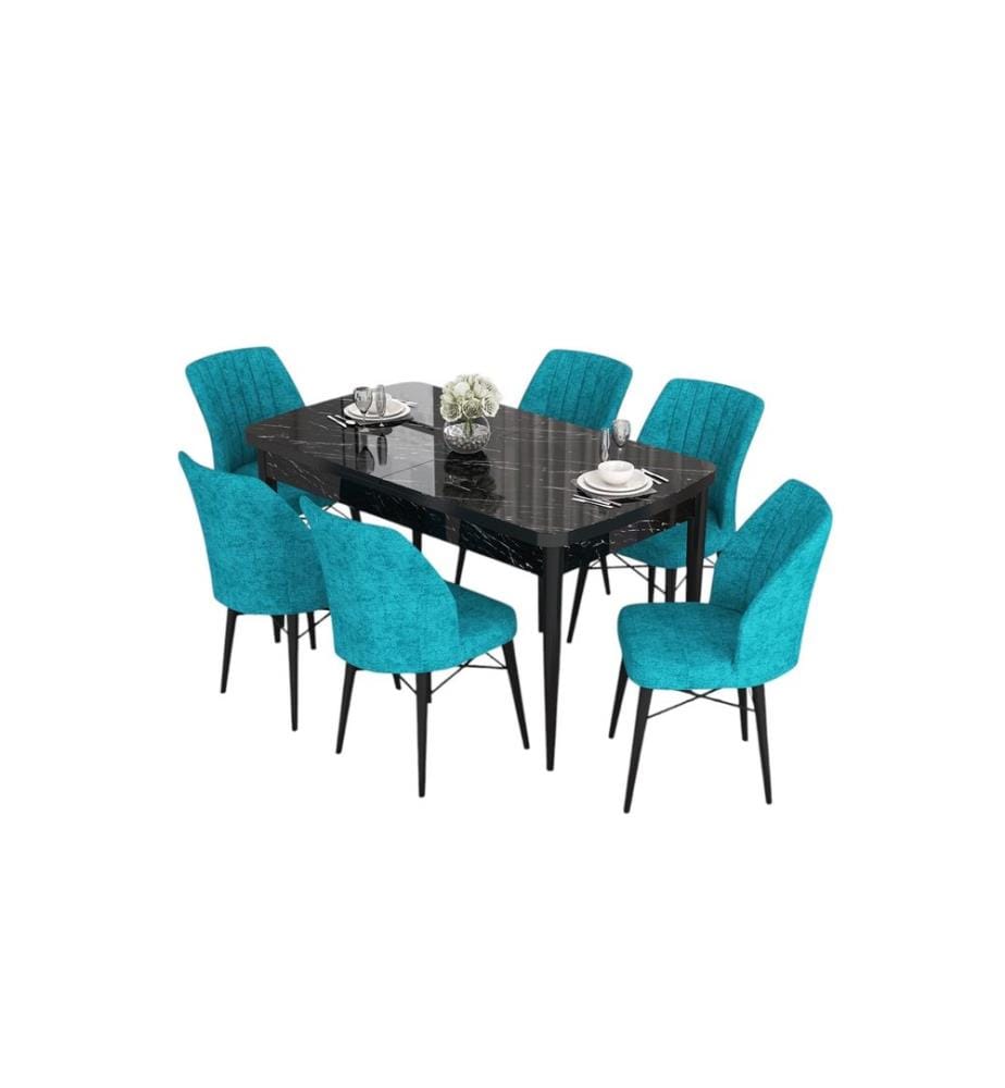 Set da pranzo allungabile con tavolo e sedie, 7 pezzi, marmo nero, turchese, 100% MDF