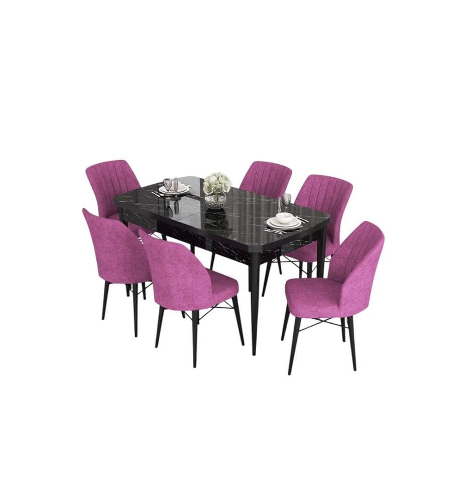 Table de salle à manger extensible avec chaises, 7 pièces, Marbre noir, Violet, 100 % MDF
