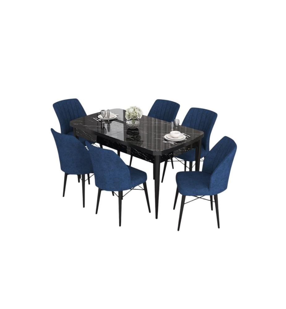 Set da pranzo allungabile con tavolo e sedie, 7 pezzi, marmo nero, blu navy, 100% MDF