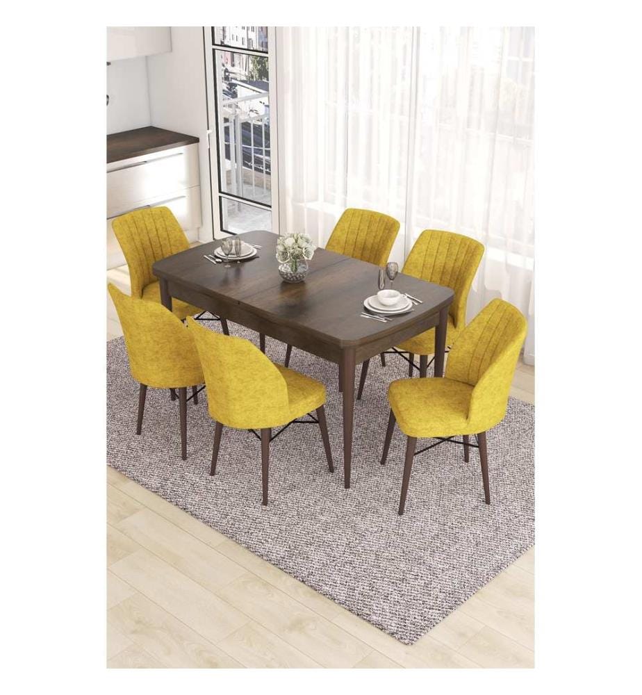 Set da pranzo allungabile con tavolo e sedie, 7 pezzi, stile barocco, color senape, 100% MDF