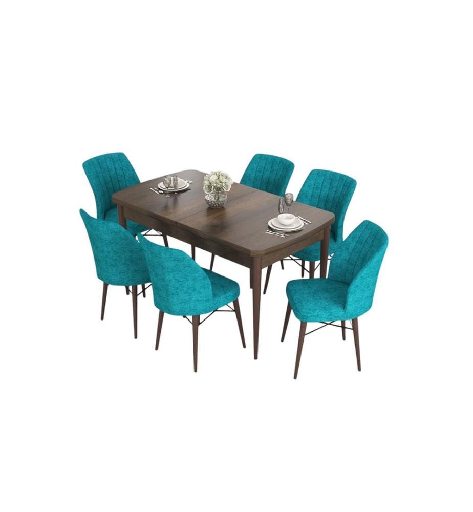 Set da pranzo allungabile con tavolo e sedie, 7 pezzi, stile barocco, turchese, 100% MDF