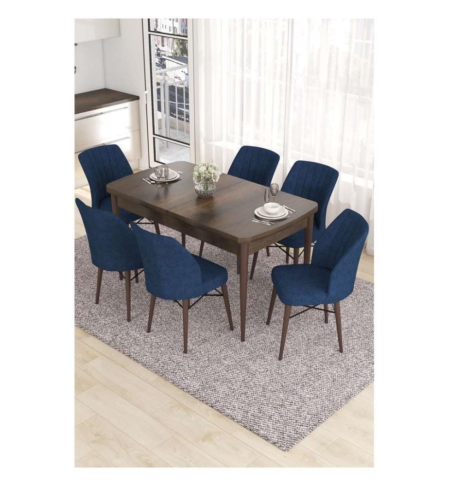 Set da pranzo allungabile con tavolo e sedie, 7 pezzi, stile barocco, blu navy, 100% MDF
