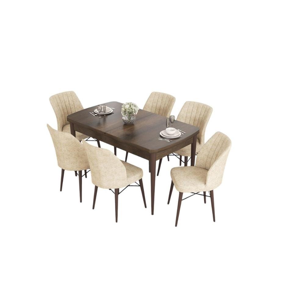 Table de salle à manger extensible avec chaises, 7 pièces, baroque, crème, 100 % MDF