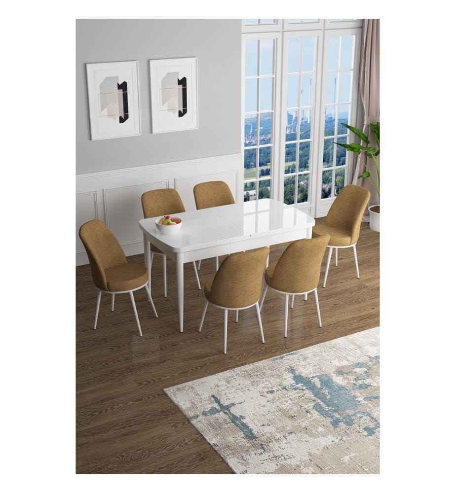 Table de salle à manger extensible avec chaises, 7 pièces, blanc, cappuccino, 100 % MDF