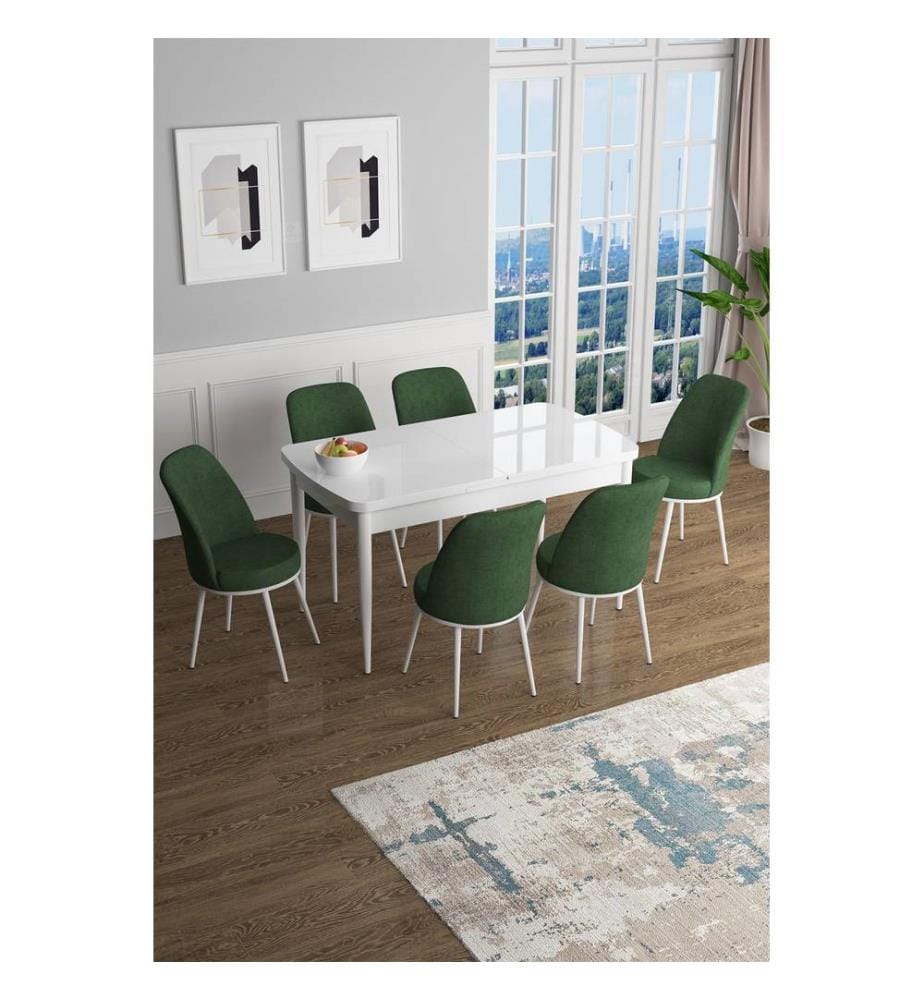 Table de salle à manger extensible avec chaises, 7 pièces, blanc, kaki, 100 % MDF