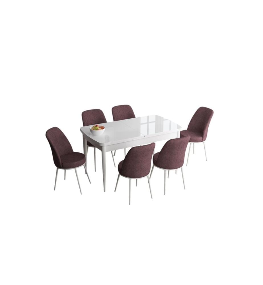 Set da pranzo allungabile con tavolo e sedie, 7 pezzi, bianco, rosa antico, 100% MDF