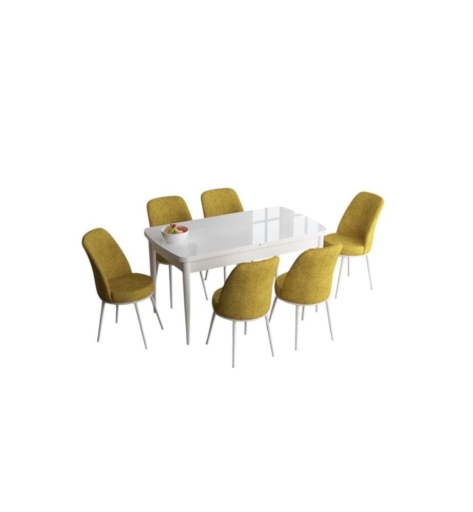 Set tavolo e sedie da pranzo allungabili, 7 pezzi, bianco e senape, 100% MDF