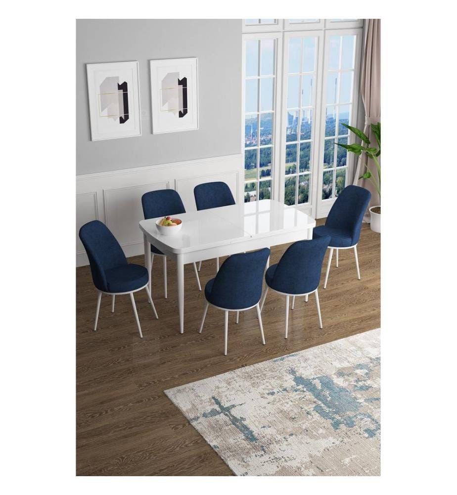 Set da pranzo allungabile con tavolo e sedie, 7 pezzi, bianco e blu navy, 100% MDF