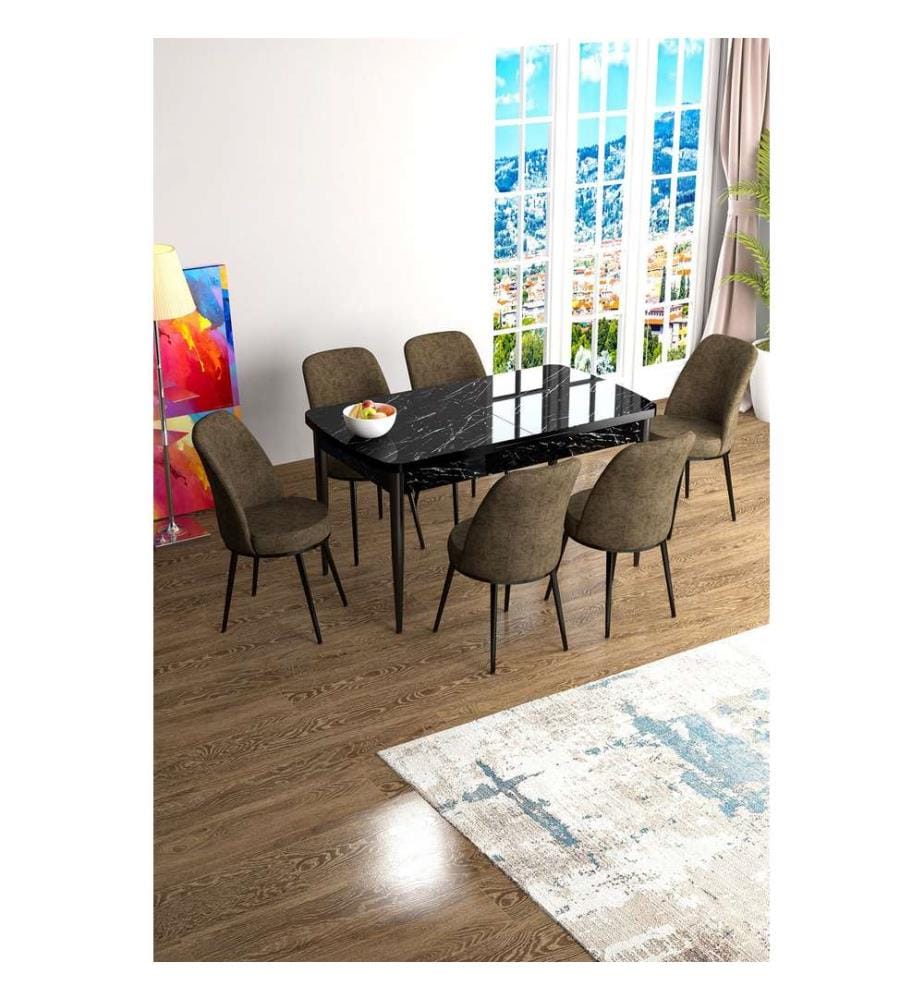 Set da pranzo allungabile con tavolo e sedie, 7 pezzi, marmo nero, marrone, 100% MDF