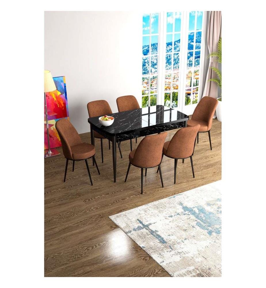 Set da pranzo allungabile con tavolo e sedie, 7 pezzi, marmo nero, piastrelle rosse, 100% MDF