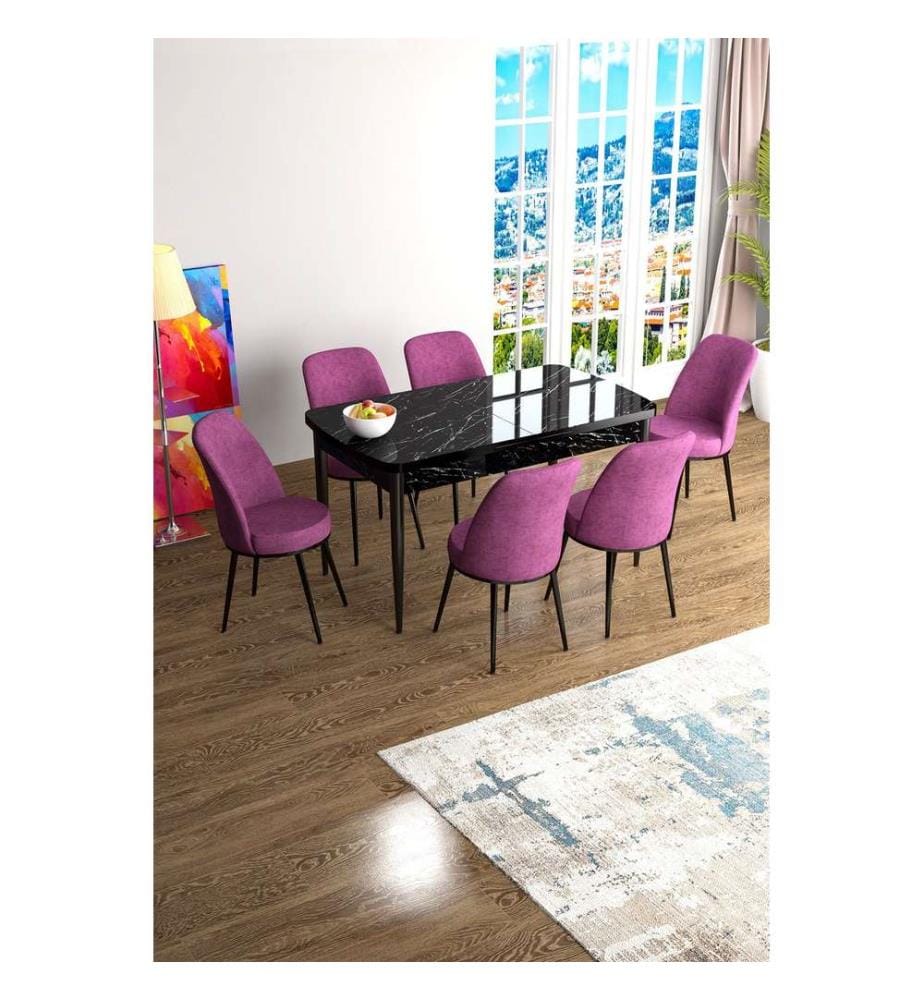 Set tavolo e sedie da pranzo allungabili, 7 pezzi, marmo nero, viola, 100% MDF