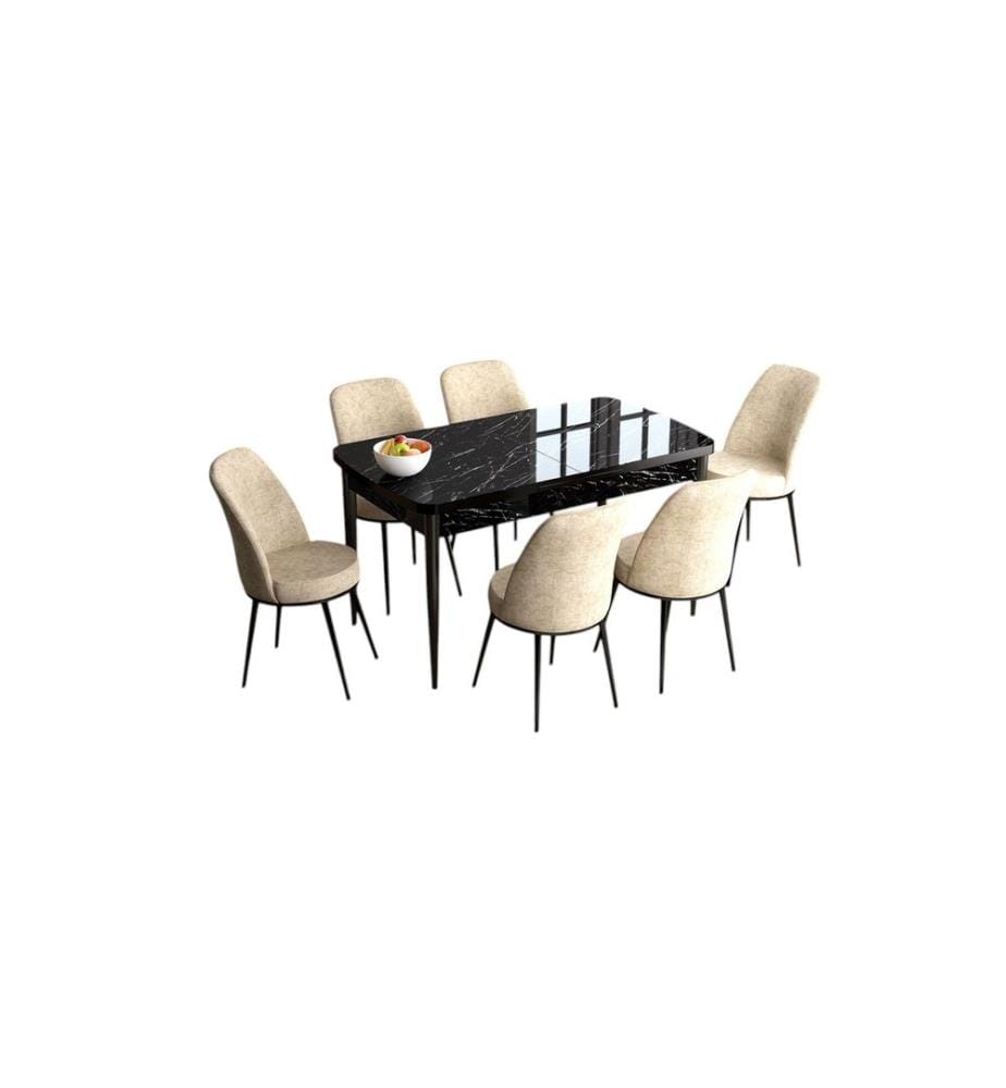 Table de salle à manger extensible avec chaises, 7 pièces, Marbre noir, Crème, 100 % MDF