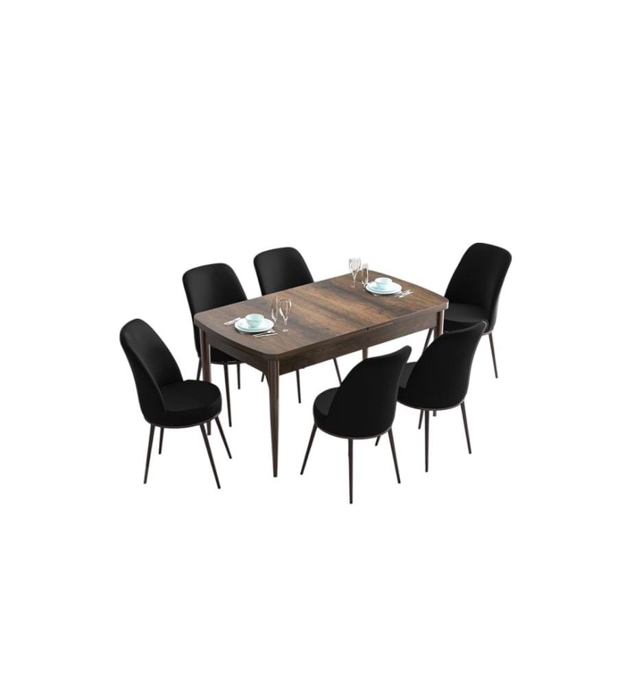 Table de salle à manger extensible avec chaises, 7 pièces, style baroque, noir, 100 % MDF