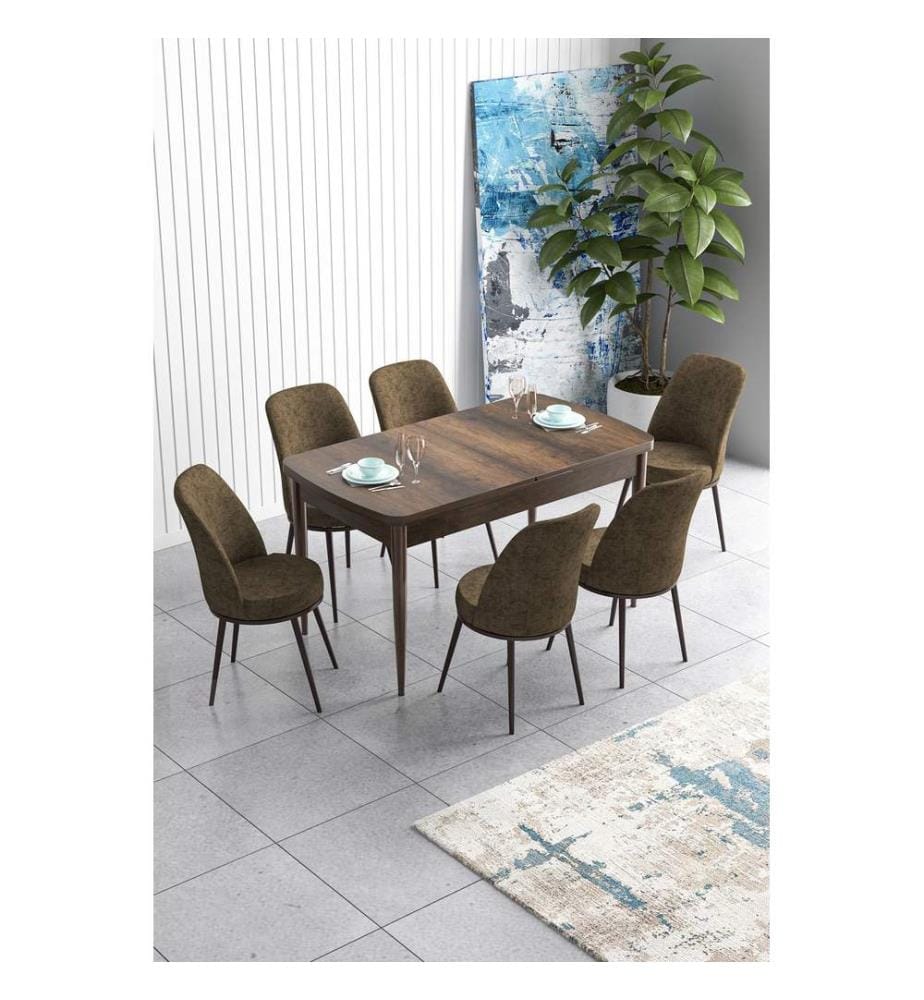 Table de salle à manger extensible avec chaises, 7 pièces, style baroque, marron, 100 % MDF
