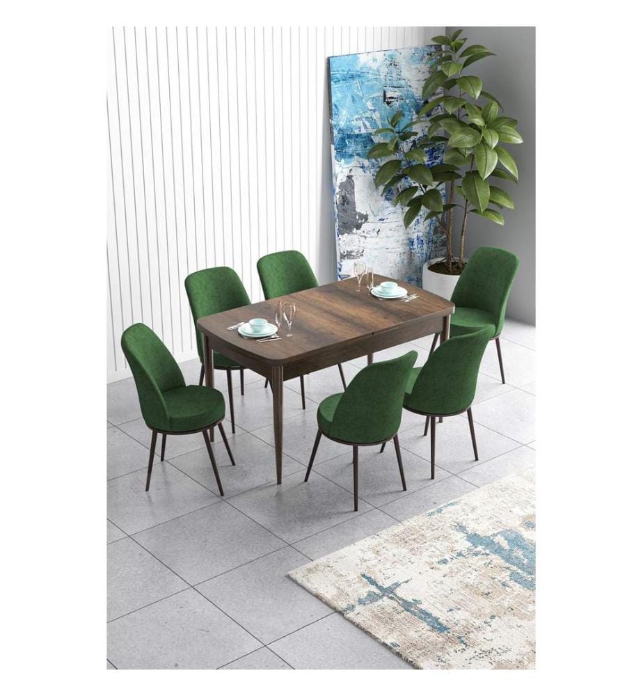 Set da pranzo allungabile con tavolo e sedie, 7 pezzi, stile barocco, color kaki, 100% MDF