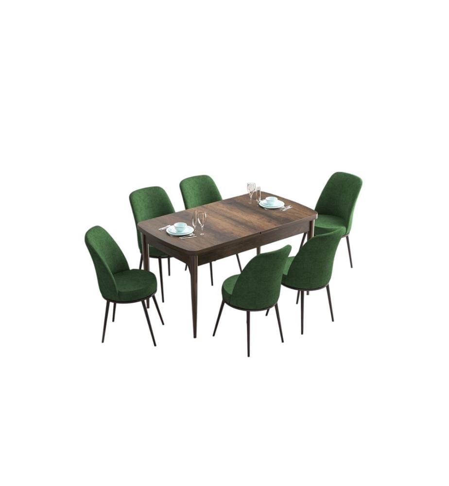 Set da pranzo allungabile con tavolo e sedie, 7 pezzi, stile barocco, color kaki, 100% MDF