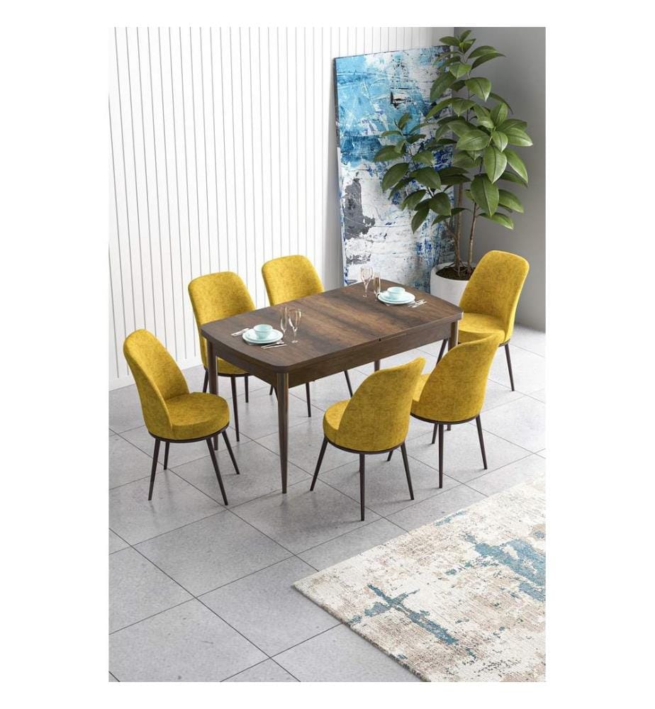 Table de salle à manger extensible avec chaises, 7 pièces, baroque, jaune moutarde, 100 % MDF