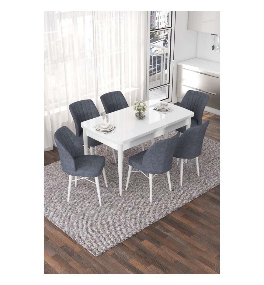 Set tavolo e sedie da pranzo allungabili, 7 pezzi, bianco fumé, 100% MDF