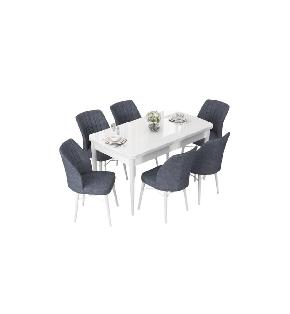 Set tavolo e sedie da pranzo allungabili, 7 pezzi, bianco fumé, 100% MDF