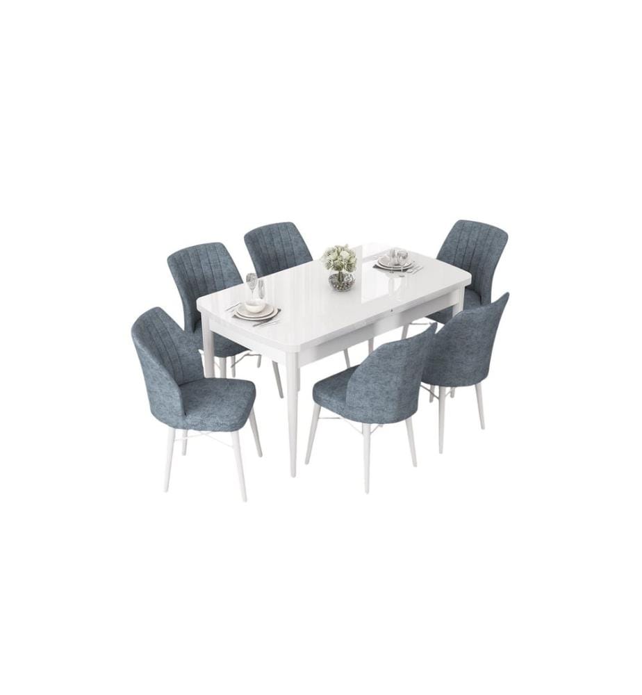 Set da pranzo allungabile con tavolo e sedie, 7 pezzi, bianco e grigio, 100% MDF