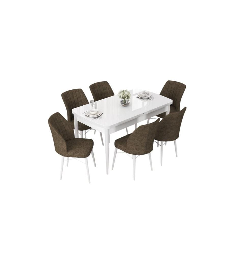 Set tavolo e sedie da pranzo allungabili, 7 pezzi, bianco, marrone, 100% MDF