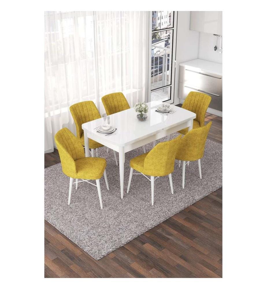 Set tavolo e sedie da pranzo allungabili, 7 pezzi, bianco e senape, 100% MDF