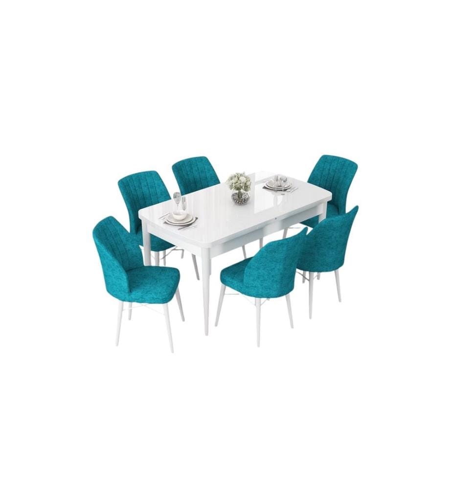 Set da pranzo allungabile con tavolo e sedie, 7 pezzi, bianco e turchese, 100% MDF