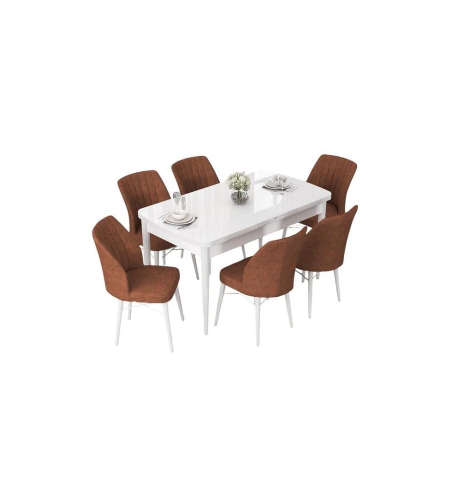 Set da pranzo allungabile con tavolo e sedie, 7 pezzi, bianco, rosso piastrella, 100% MDF