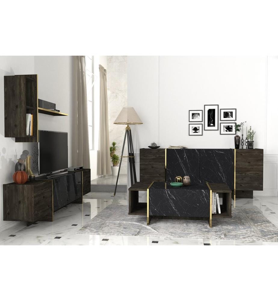 Set Di Mobili Per Soggiorno, Nero Oro, Piastra Di Particelle Rivestita A Melamina