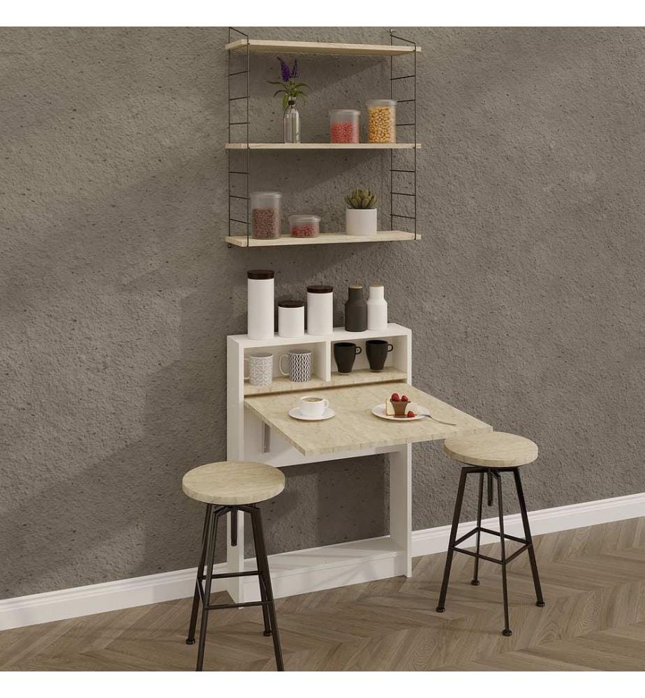 Table pliante, travertin, panneau de particules 100 % mélaminé