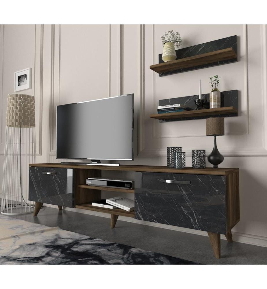 TV Unit, WalnutMarble, Melamine Coated Particle Board