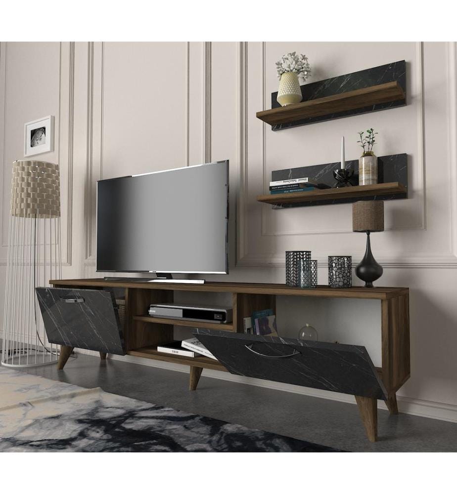 TV Unit, WalnutMarble, Melamine Coated Particle Board