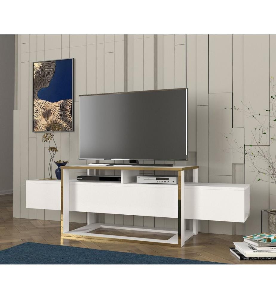 Meuble TV, blanc, doré, panneau de particules mélaminé