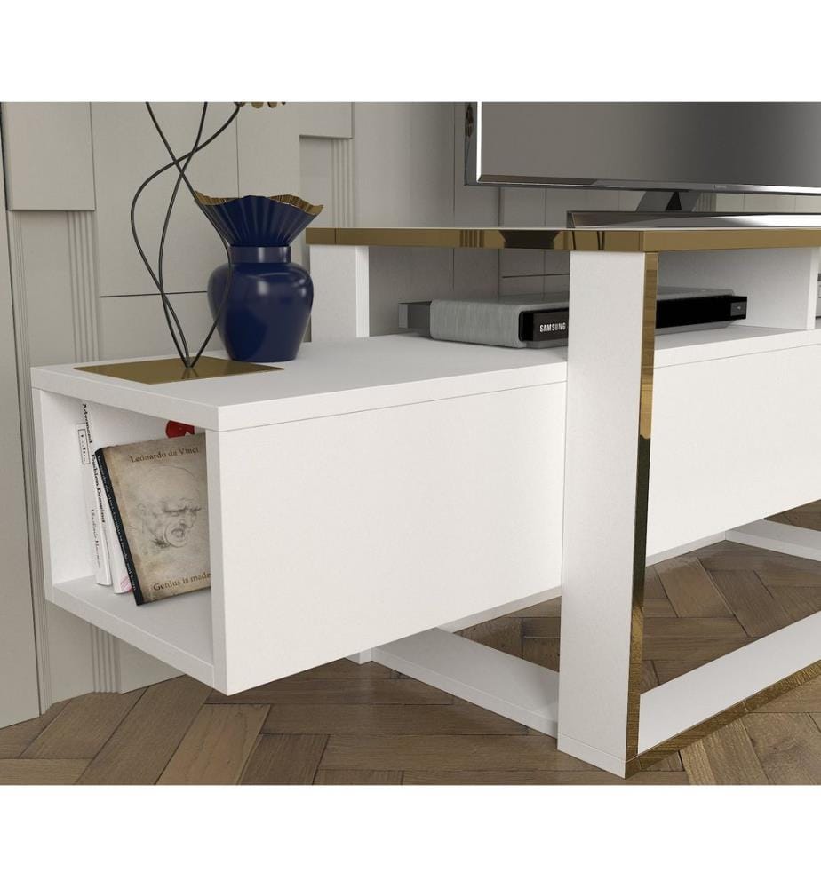 Meuble TV, blanc, doré, panneau de particules mélaminé