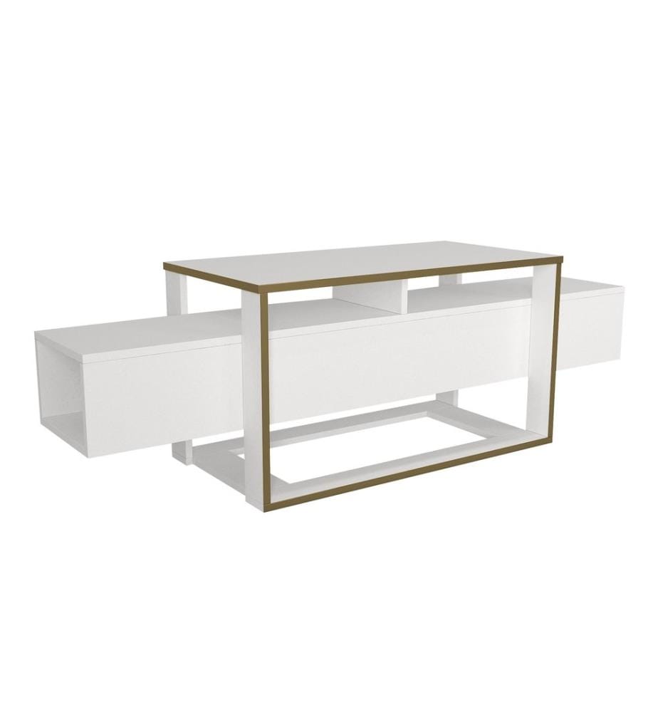 Meuble TV, blanc, doré, panneau de particules mélaminé