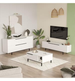 Set di mobili per soggiorno, bianco, 100% PANNELLO DI PARTICELLE RIVESTITO IN MELAMMINA, gambe in metallo