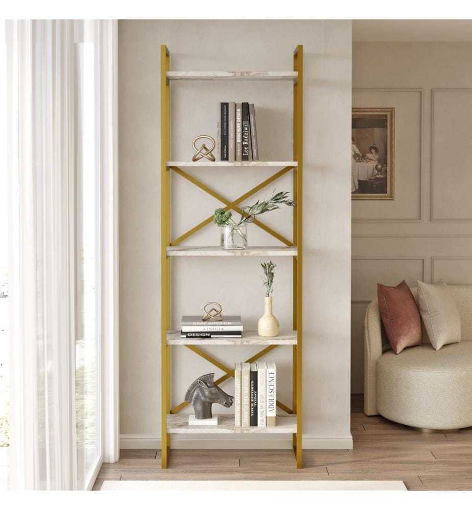 Bücherregal, Marmor, Gold, melaminbeschichtete Spanplatte, Metallrahmen