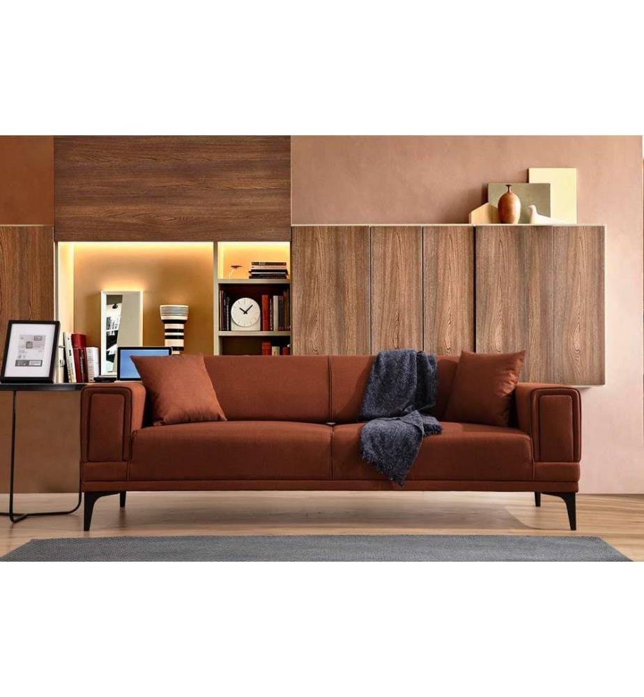 Divano-letto a 3 posti, rosso piastrella, Struttura: Legno di faggio - truciolato, Tessuto: 100% Poliestere