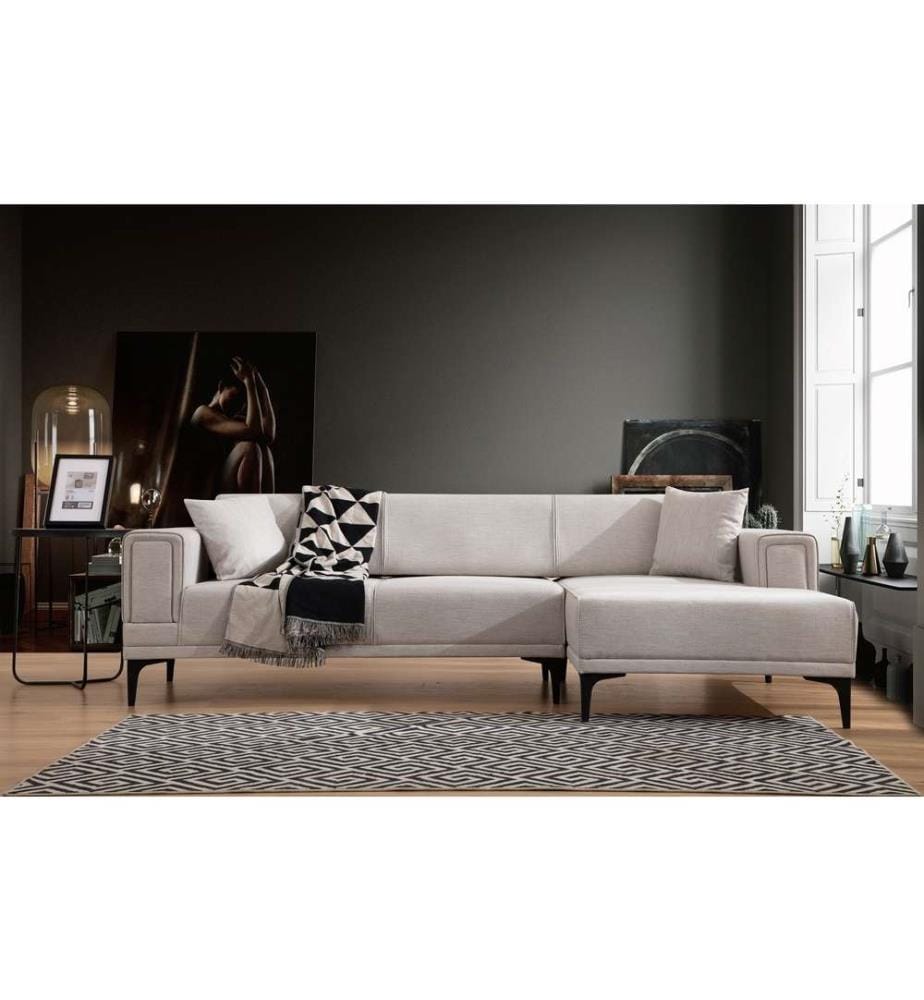 Divano-letto angolare, Ecrù, Struttura: Legno di faggio - truciolato, Tessuto: 100% Poliestere