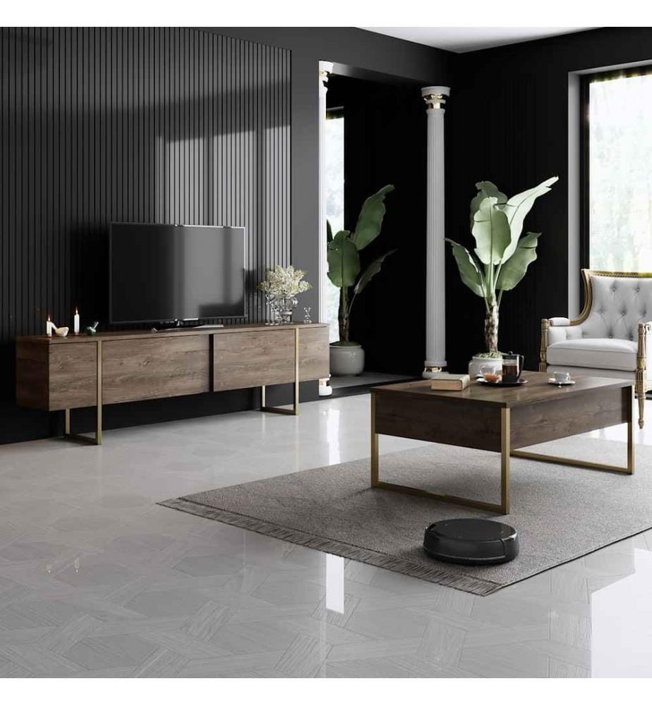 Table basse, noyer doré, panneau de particules mélaminé