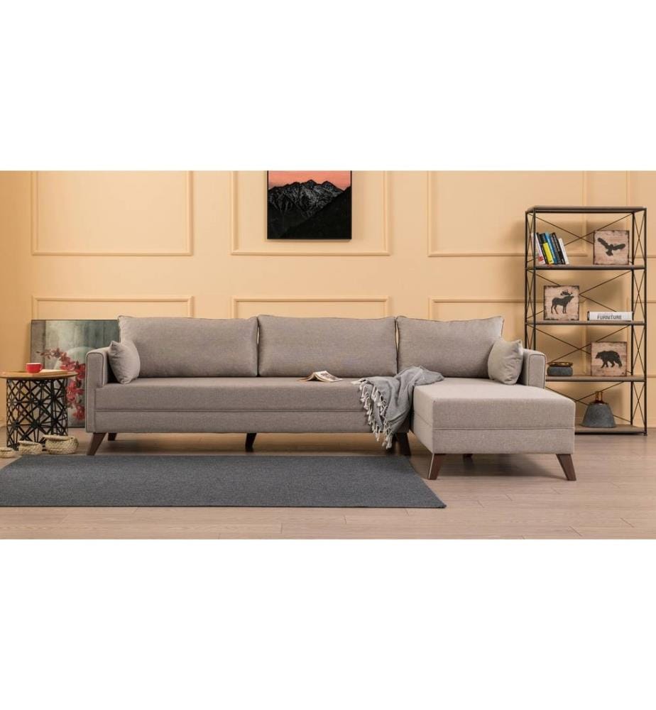 Canapé d'angle, crème, cadre en bois - MDF, tissu polyester