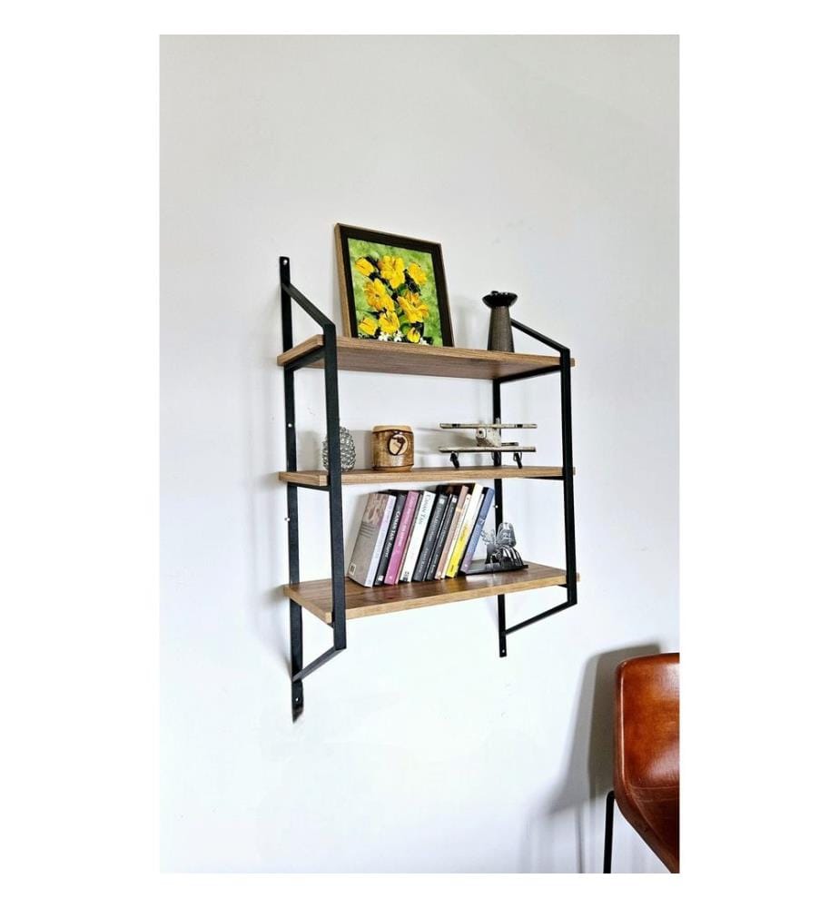 Scaffale a muro, nero, pino atlantico, pannello di particelle rivestito di melamina, telaio: Metallo