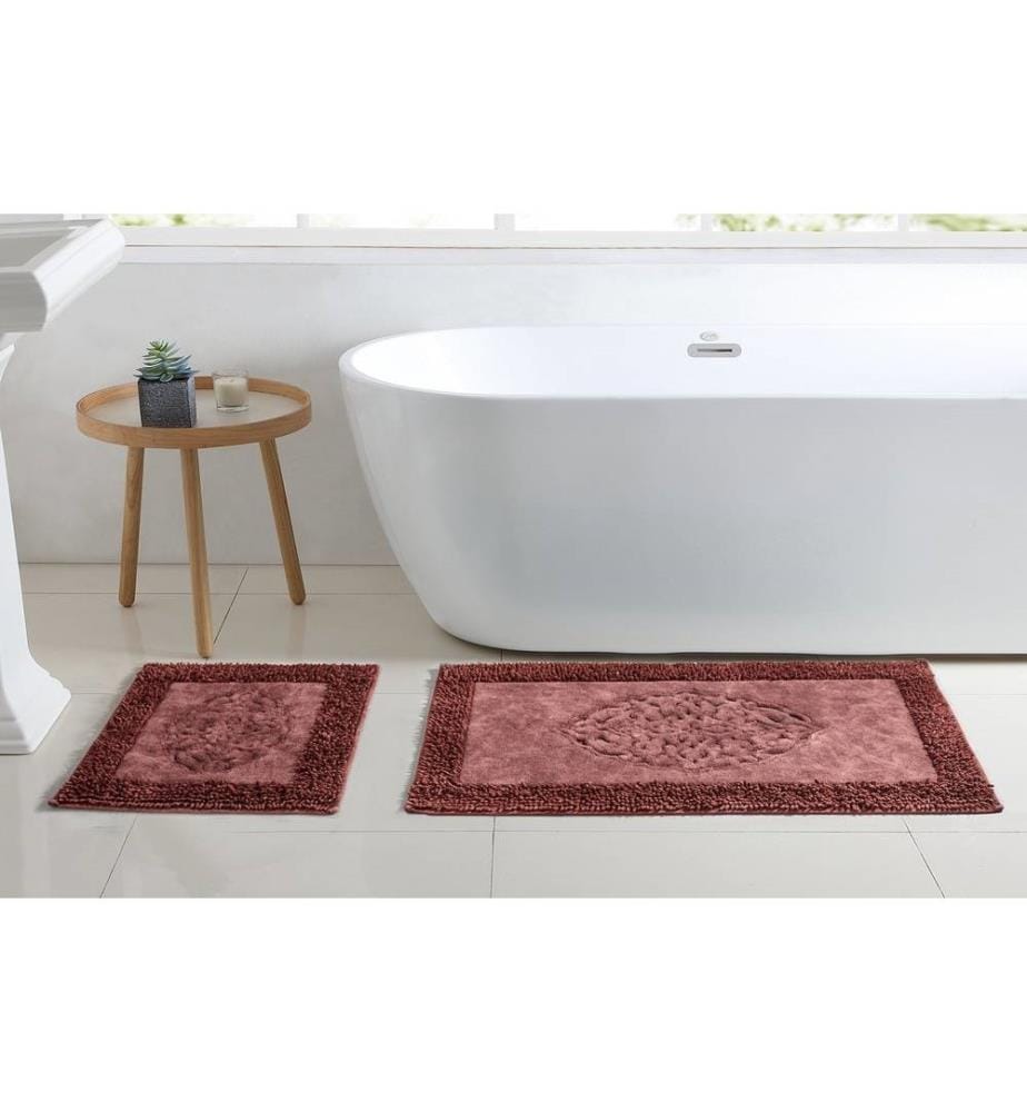Set di tappetini da bagno, 2 pezzi, rosso chiaretto, 100% cotone, fondo antiscivolo