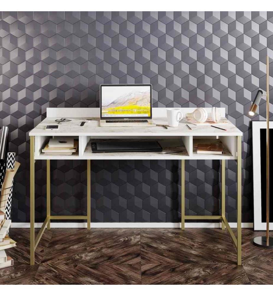 Scrivania da studio, bianco oro, pannello in particelle rivestito in melamina