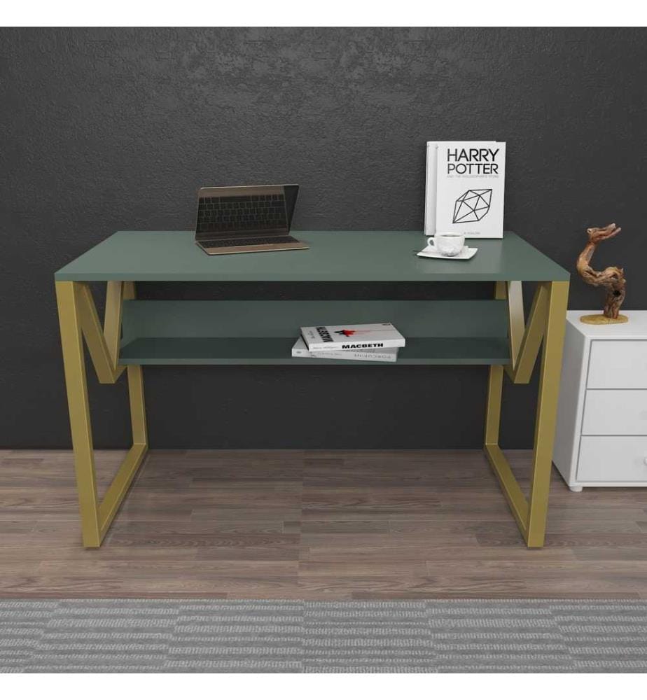 Scrivania per studio, verde, oro, pannello in particelle rivestito di melamina