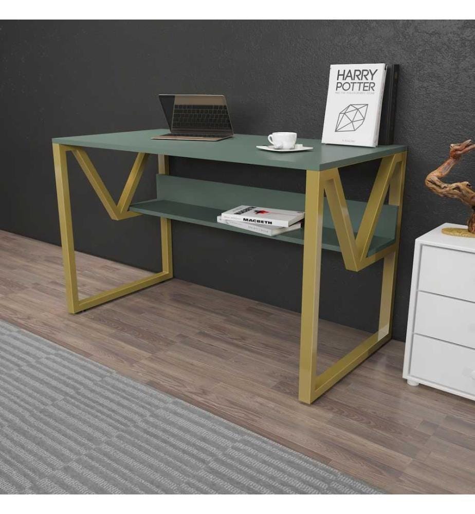 Scrivania per studio, verde, oro, pannello in particelle rivestito di melamina