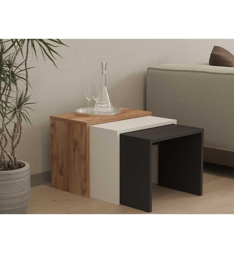 Tavolo Nesting, 3 pezzi, Rovere Antracite Bianco, Truciolato rivestito in melamina