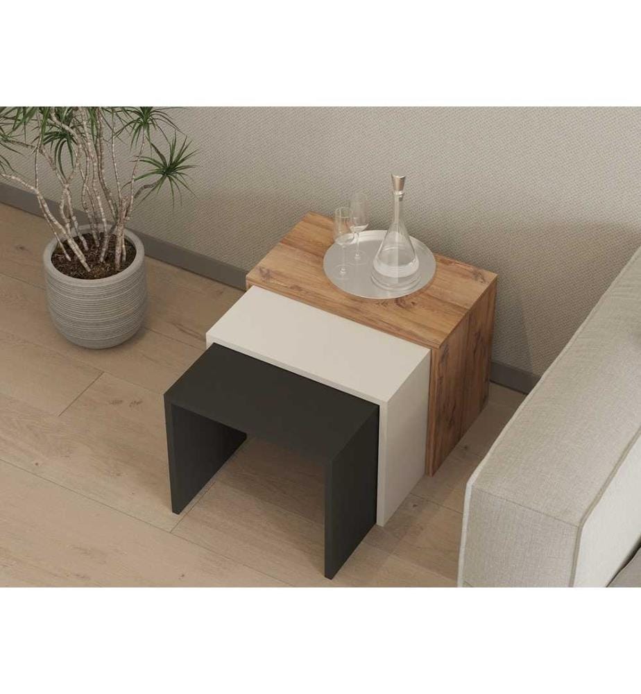 Tavolo Nesting, 3 pezzi, Rovere Antracite Bianco, Truciolato rivestito in melamina