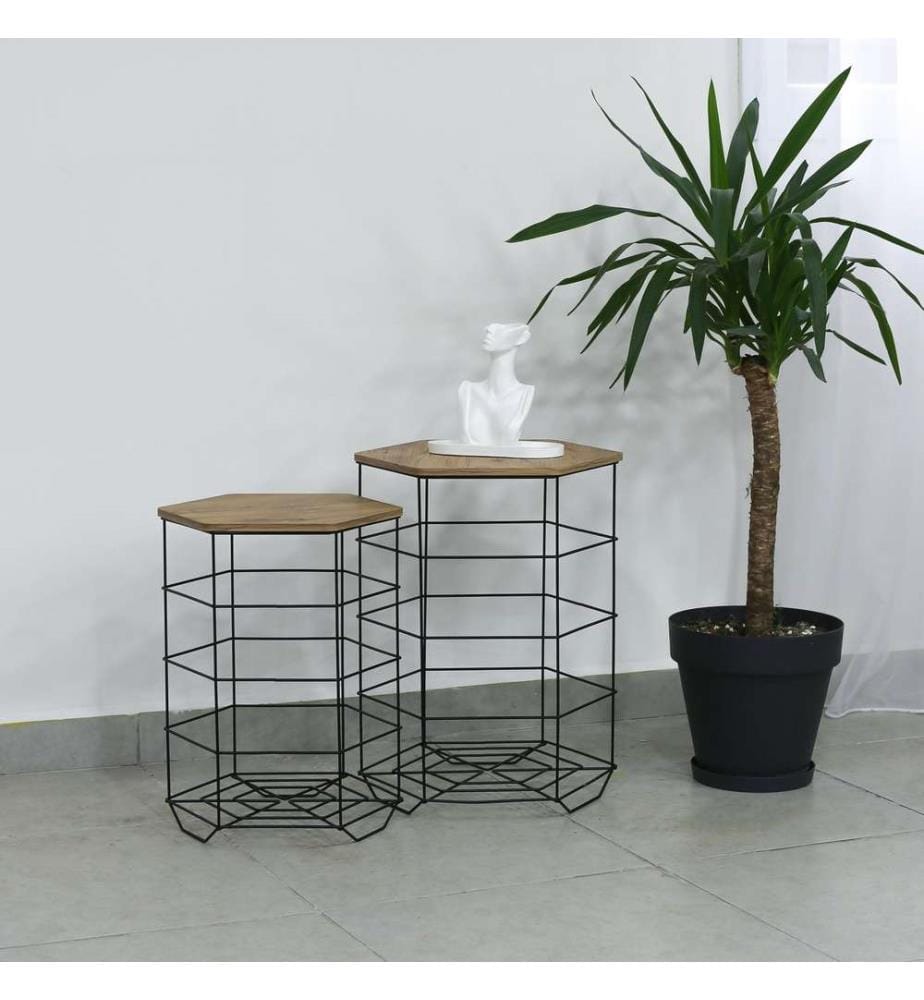Table basse, Chêne, Noir, Panneau de particules de bois 100% mélaminé, Cadre : 100% métal