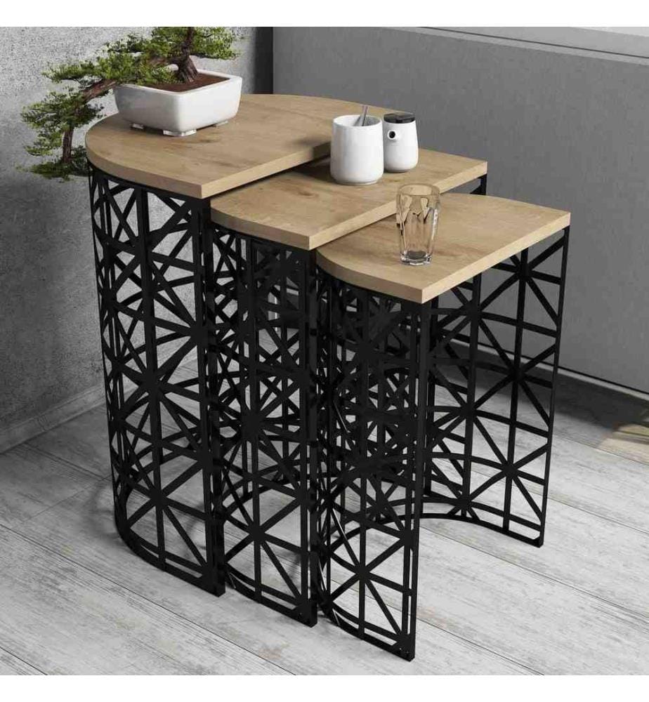 Tavolo nidificante, 3 pezzi, rovere nero, pannello di particelle rivestito di melamina